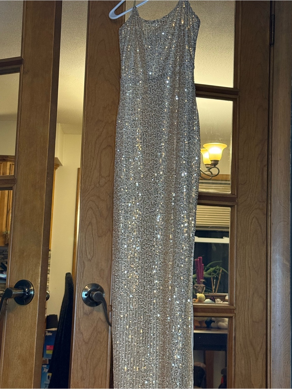 Gold Sequin Full Length Maxi Dress Gown High Slit Spaghetti Strap Formal Glam